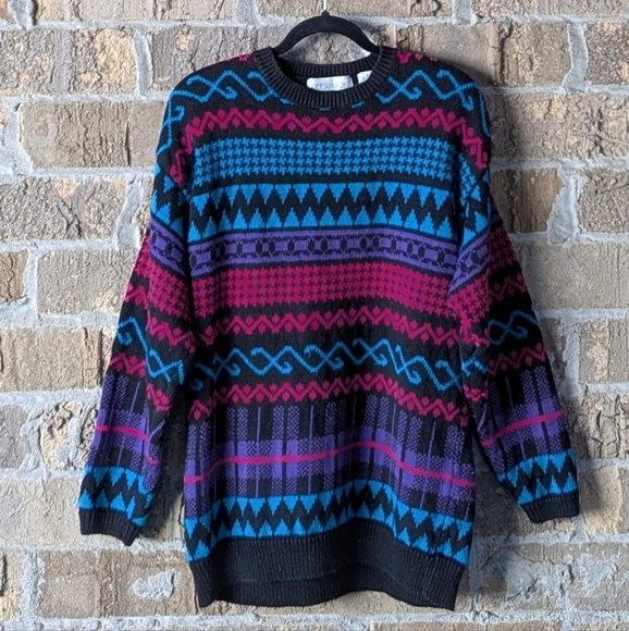 VTG 80s Persuasion Mixed Pattern Crew Neck Tunic Sweater Small Oversized Black - Picture 6 of 6